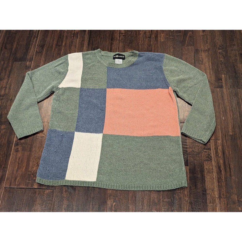 Vintage Sag Harbor Sweater Womens Medium Green Coral Colorblock Patchwork 90s